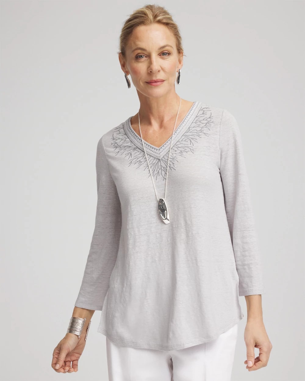 Linen Metallic Embroidered V-Neck Tunic | Chico's